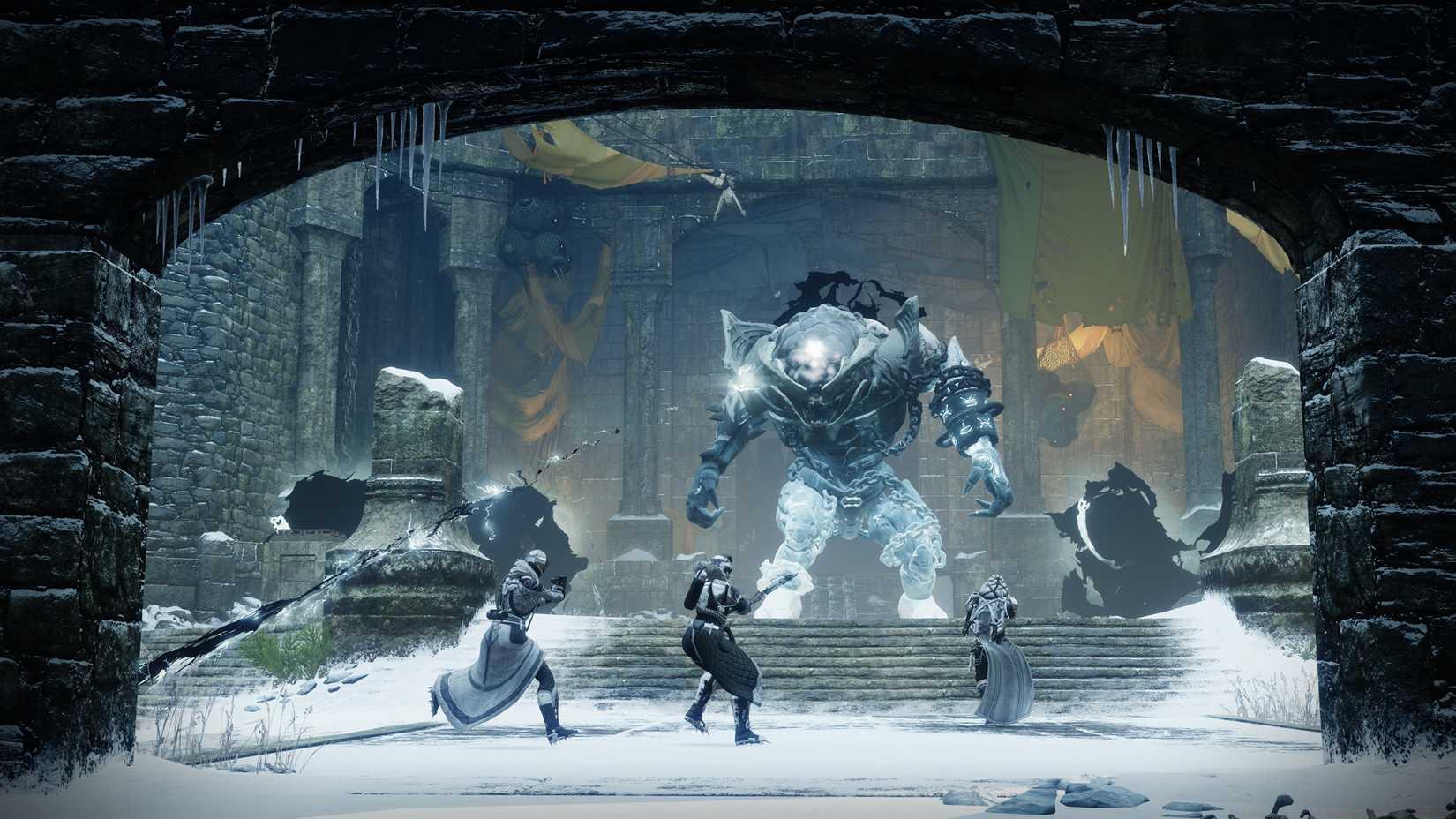 Guardians take on a big Ogre in Destiny 2's Warlord's of Ruin dungeon