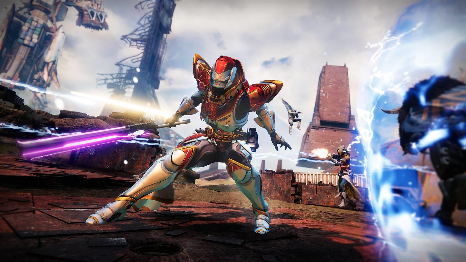 A Titan uses a Falling Guillotine sword to take on enemies in Destiny 2's Onslaught activity