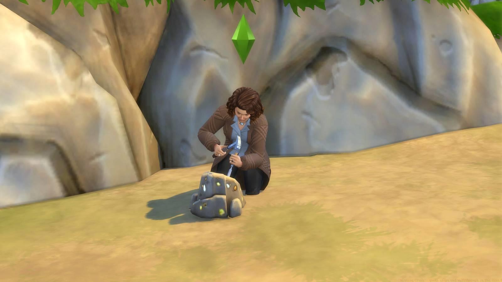 An image of a Sims 4 character digging up a rock.