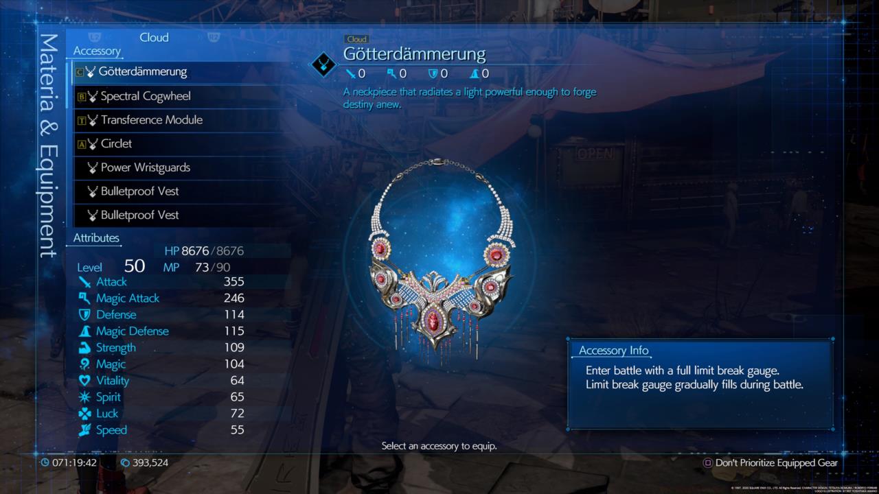 The Gotterdammerung is one of the most useful accessories in the game. We recommend equipping it to Cloud to further maximize his damage dealing potential. 