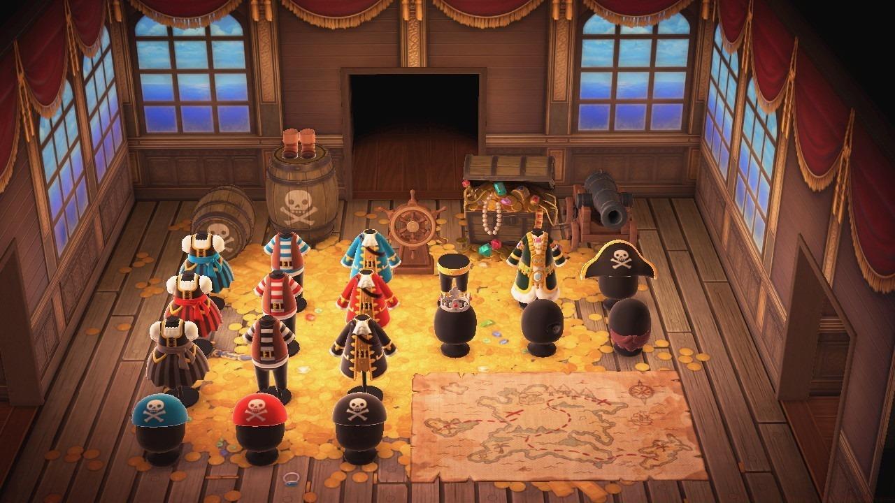 All the pirate items in Animal Crossing: New Horizons, including all three color options for the pirate dress (far left), pirate outfit (middle), sea captain's coat (right), and pirate bandanna (bottom).