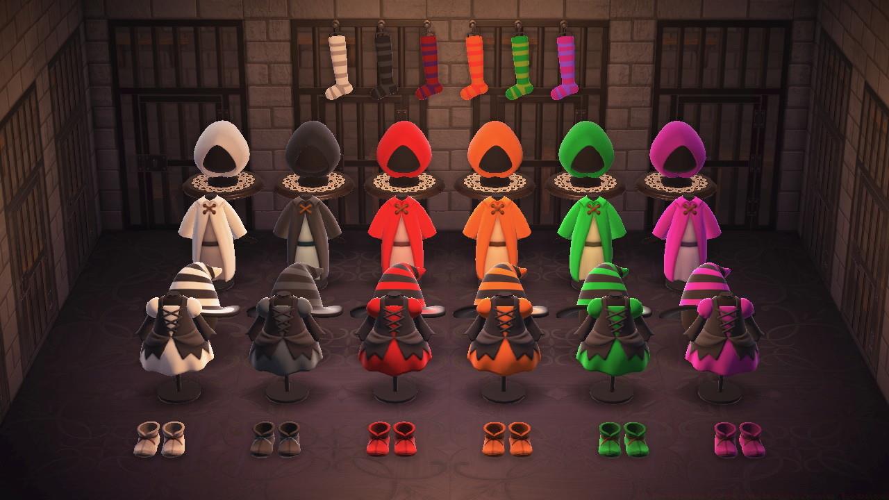 All the new mage and magic-academy items for Halloween. From top to bottom: horizontal-striped tights, magic-academy hood, magic-academy robe, mage's striped hat, mage's dress, mage's boots.