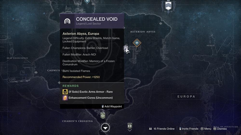 Clear the Concealed Void Lost Sector in Asterion Abyss for this step. You don't need to do the legendary version--we're just using this to highlight the Lost Sector's location.