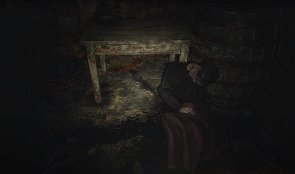 Examine the locked box at the end of the dungeon hall, then return to this dead woman to find her slumped over.