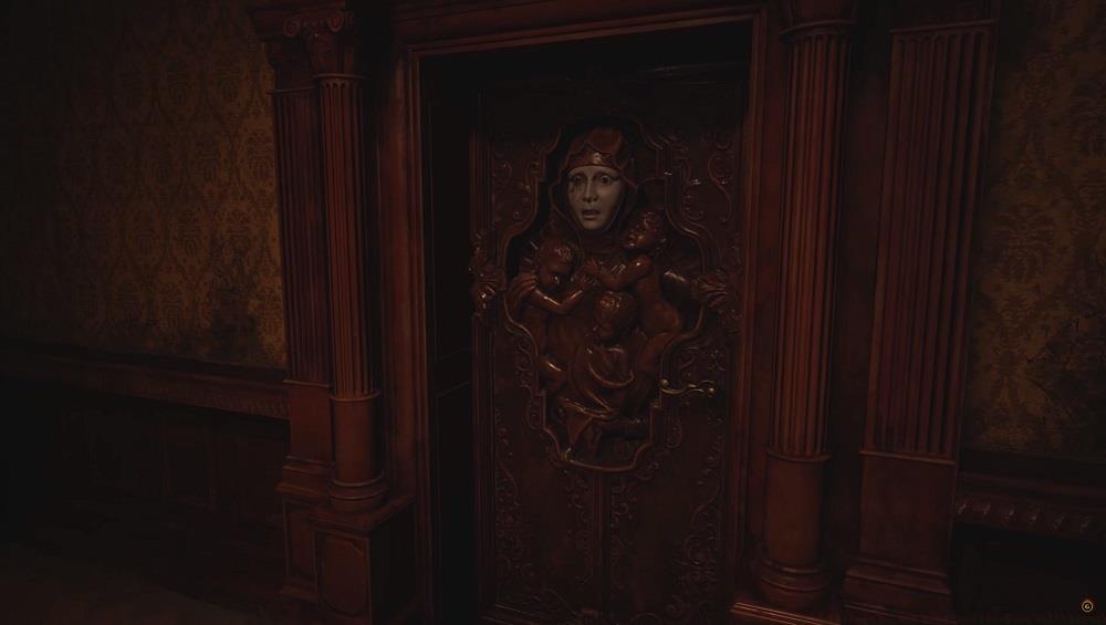 In classic Resident Evil fashion, you'll need to find what's missing from this ornate door in order to open it.