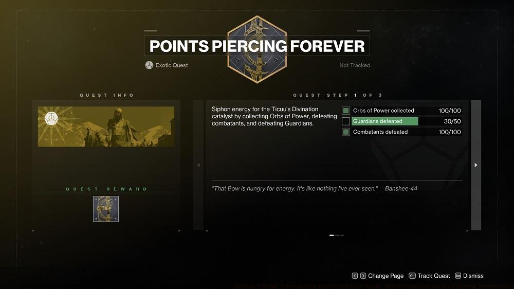 Racking up 100 kills with Ticuu's Divination goes pretty quickly; the other requirements for this quest step don't require you to actually land kills with the bow.