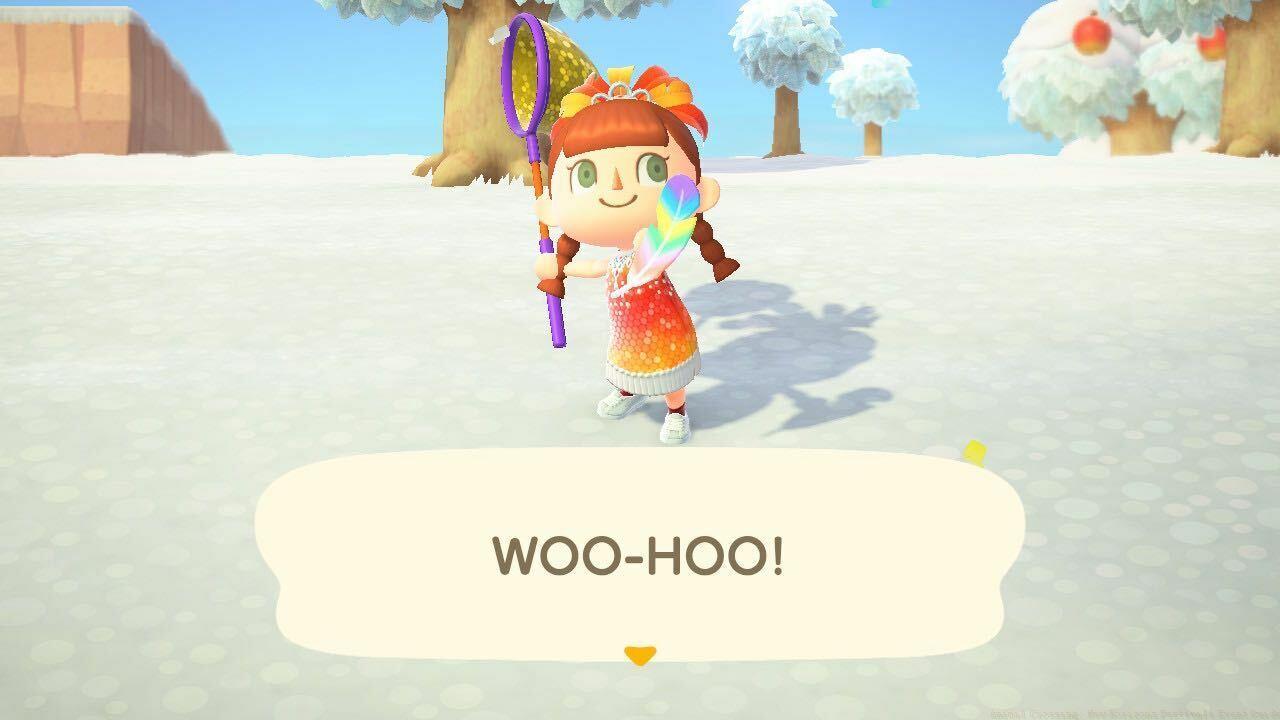 Catching a rainbow feather in Animal Crossing: New Horizons.