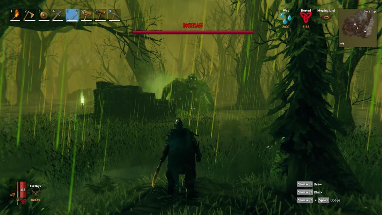 Bonemass is strong against most physical damage types, but Blunt weapons like the Iron Mace can do a lot of damage. To keep your distance, though, use Frost arrows.