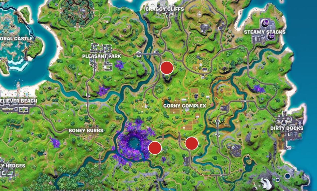 Three alien devices sit among different groups of alien trees.