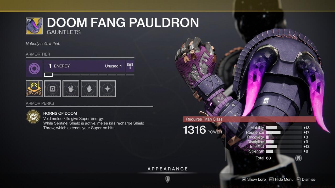 Punch your way to more Supers with Doom Fang Pauldron, which gives you more Super energy and extends your Super duration with Void melee kills.