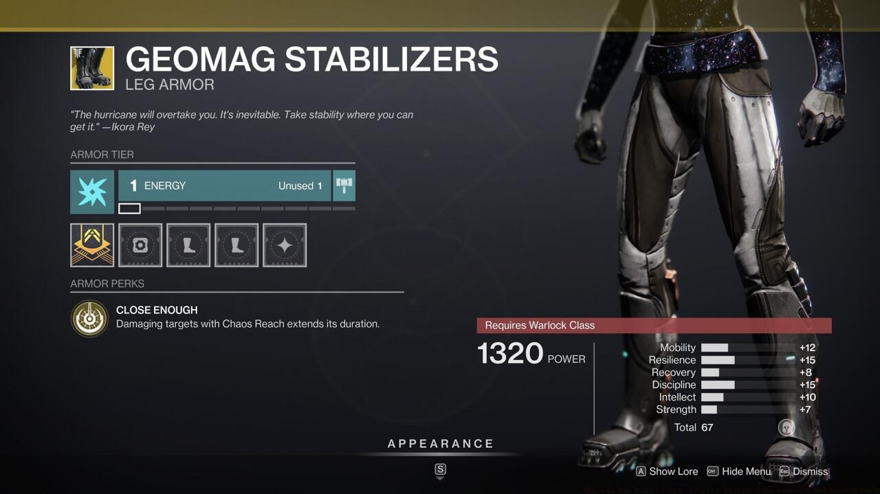 Despite Bungie nerfing Geomag Stabilizers, it's still among the best Warlock Exotics, helping you deal a ton of damage with Chaos Reach.