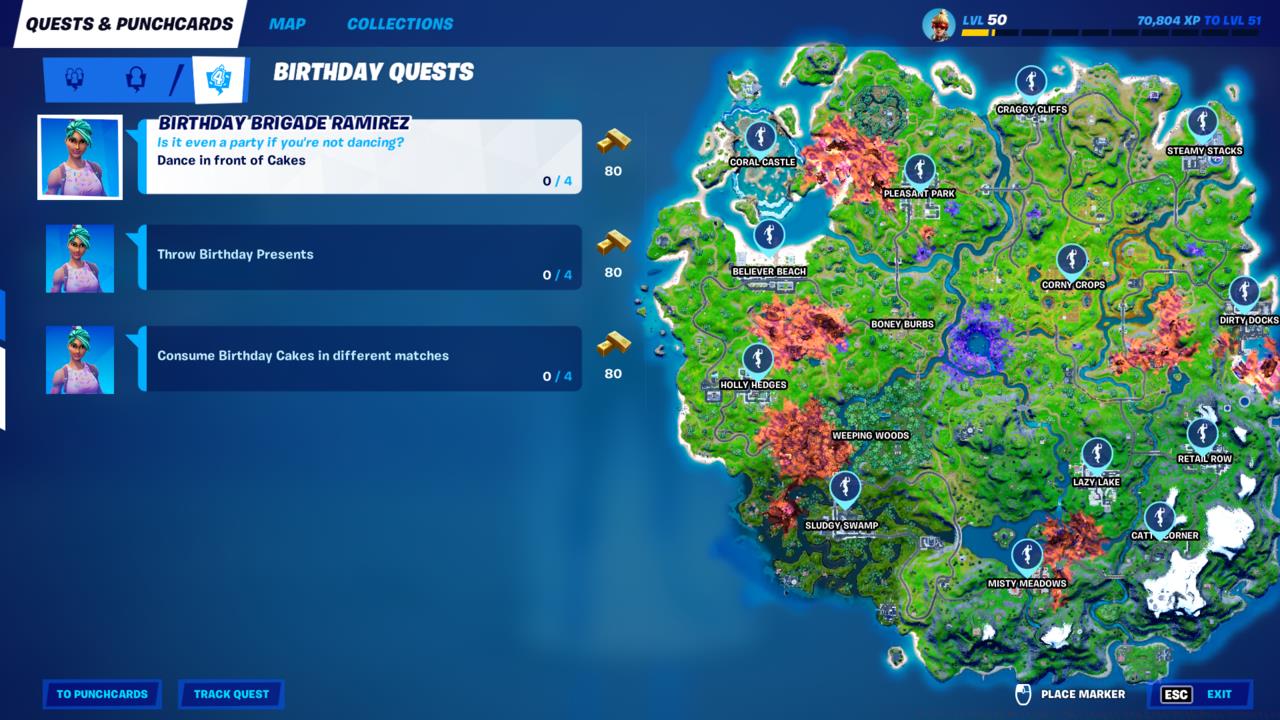 Every named location has a birthday cake for you to eat and dance in front of.