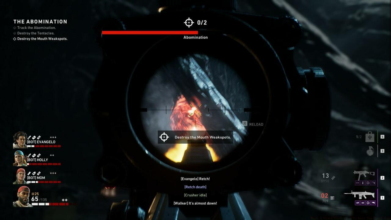 Maximize damage output by closing distance to The Abomination's oral weak point.