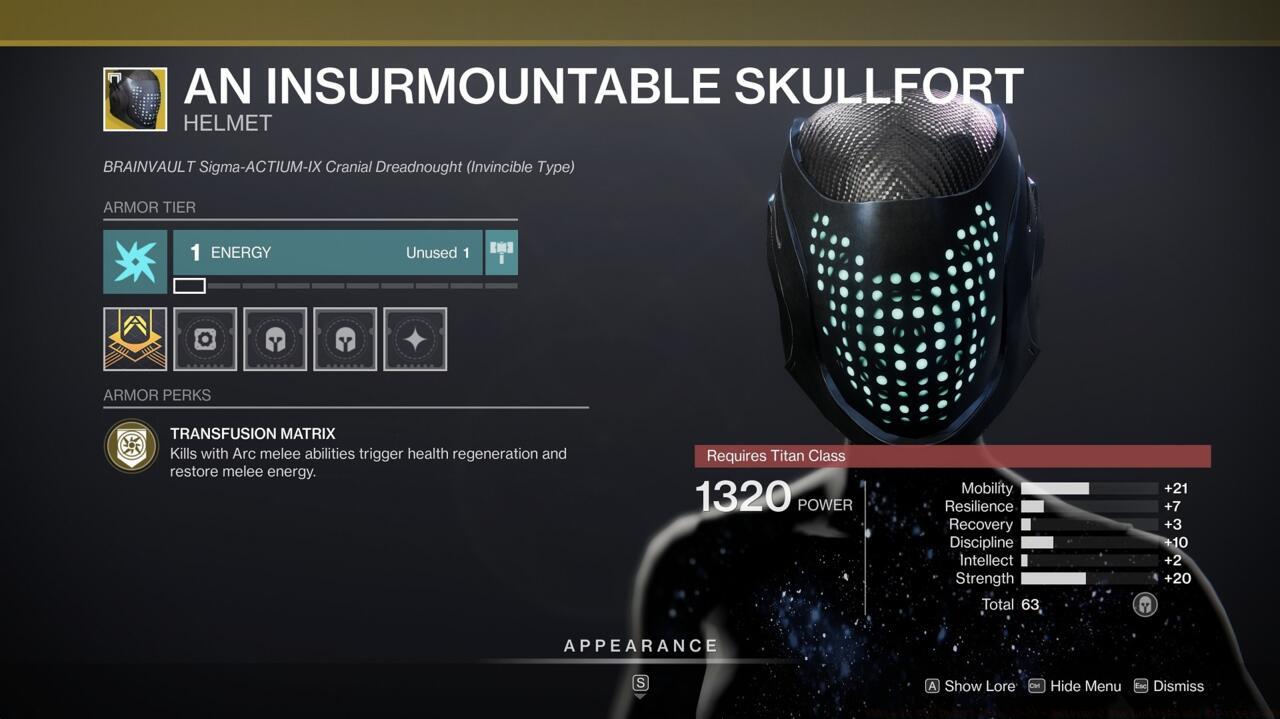 An Insurmountable Skullfort electrifies your Arc melees, giving you health and melee back for racking up melee kills.