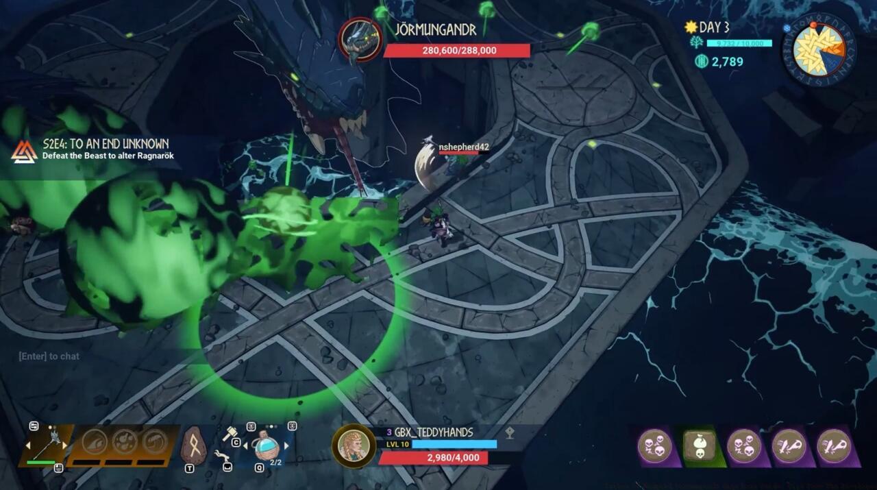 Jormungandr spits green orbs that'll do damage to you directly, while also dropping poisonous puddles on the ground.