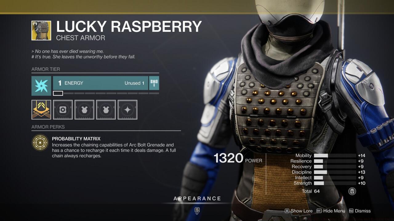 Your Arc Bolt grenades become very effective at ripping through crowds when wearing Lucky Raspberry.