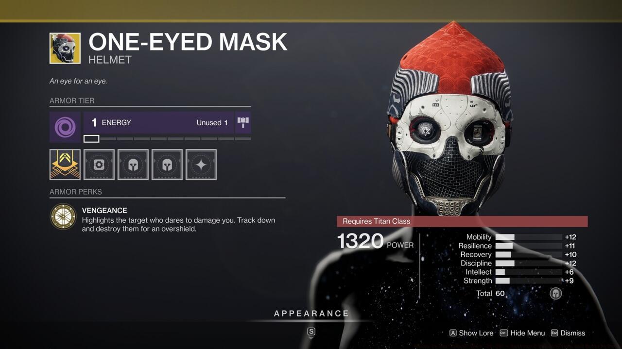 Gain benefits from making kills with One-Eyed Mask, which makes it a useful Crucible standby.