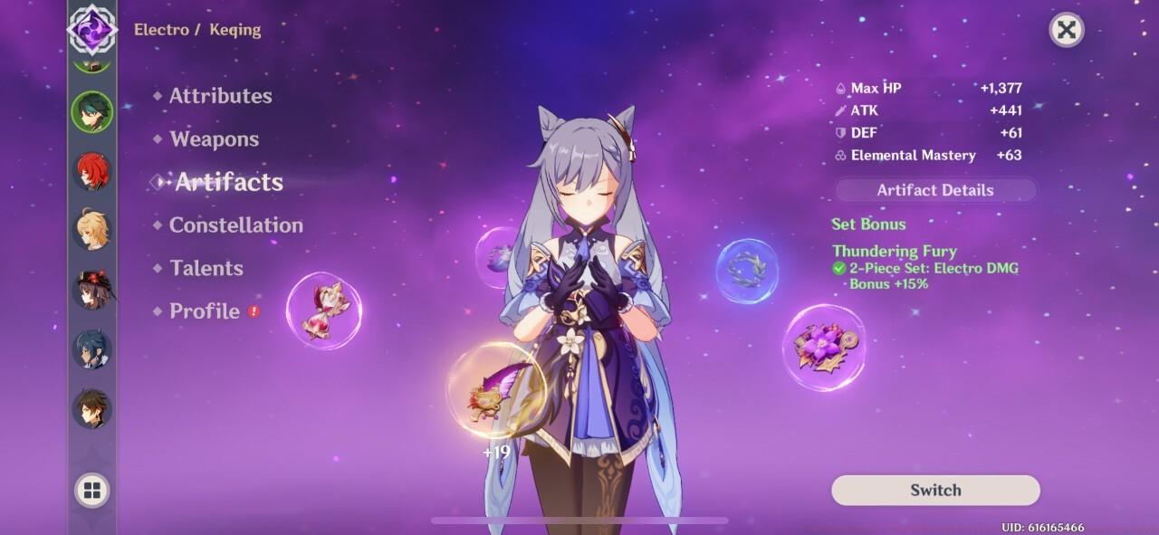 Artifacts. I know this isn't Yae Miko--I don't have her! Fellow Electro queen Keqing is the closest I got to Yae.