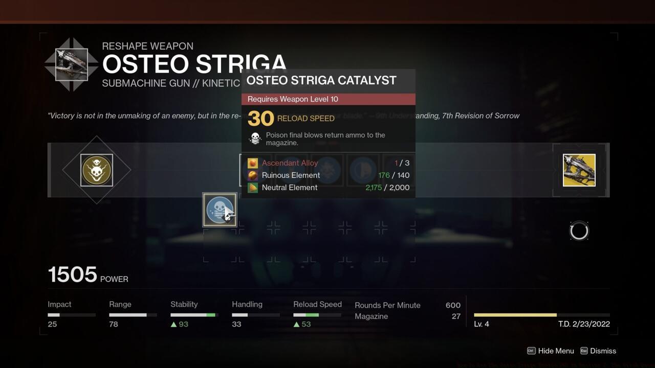 You'll need to level up Osteo Striga to unlock the ability to craft the Exotic catalyst.