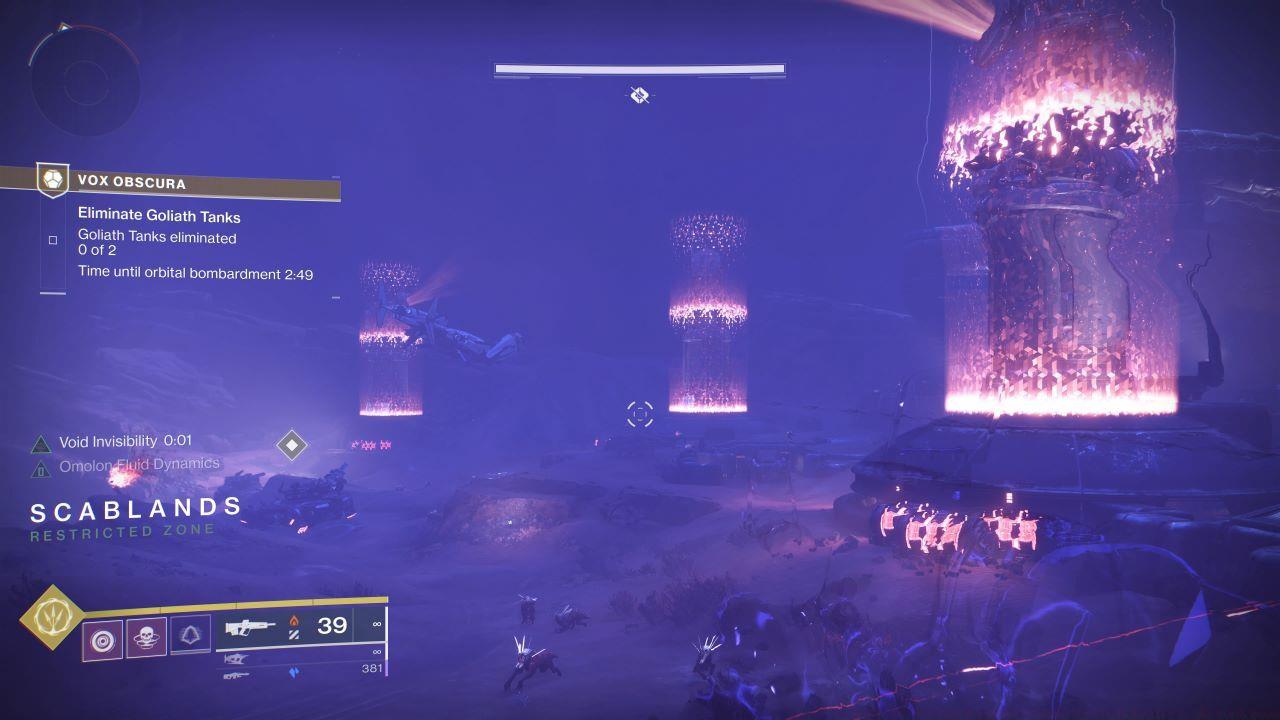 The three signal towers and the Goliath tanks in the Scablands