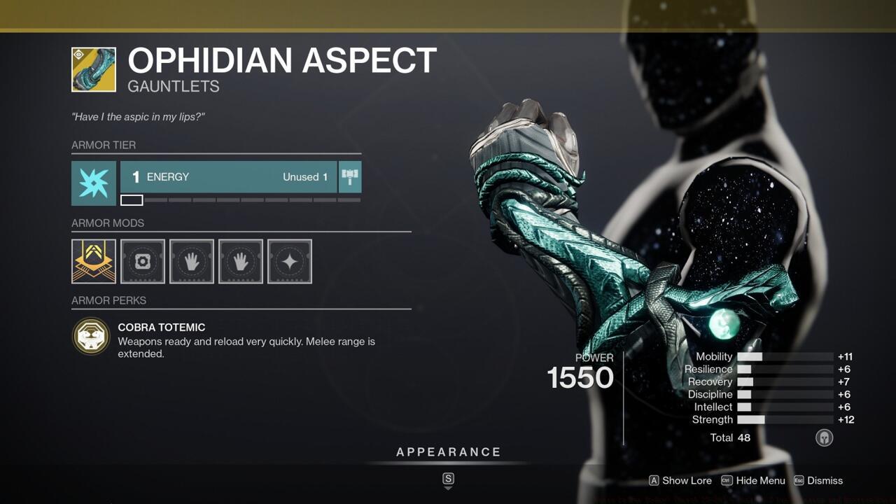 Ophidian Aspect is one of the best Warlock Exotics--unfortunately, you shouldn't grab this low-stat version.
