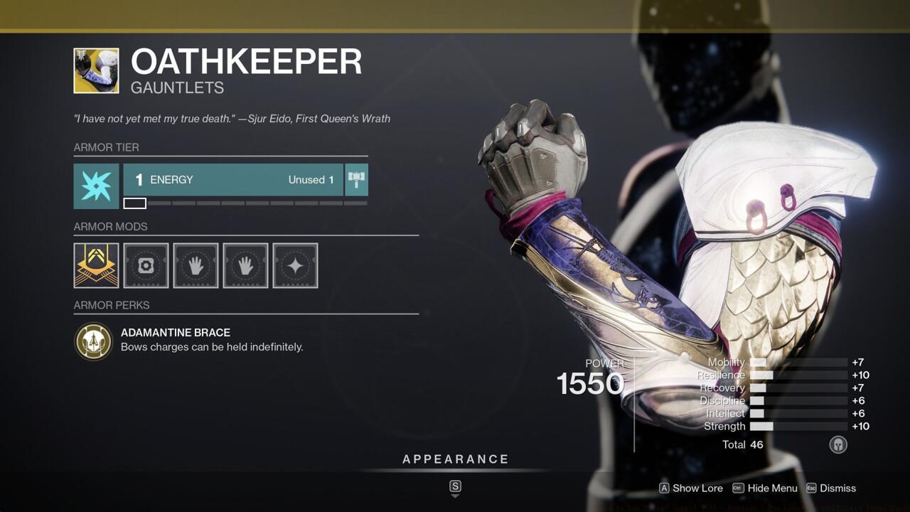Oathkeeper makes it possible to lie in wait for your opponents with your bow drawn, an ability that can actually be extremely useful in the Crucible.