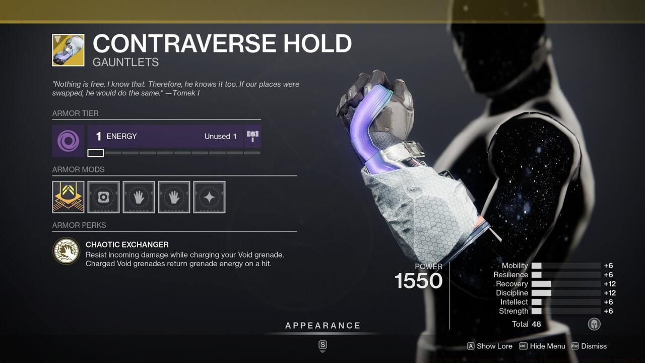Your charged Void grenades protect you from damage and give you grenade energy back when you use Contraverse Hold.