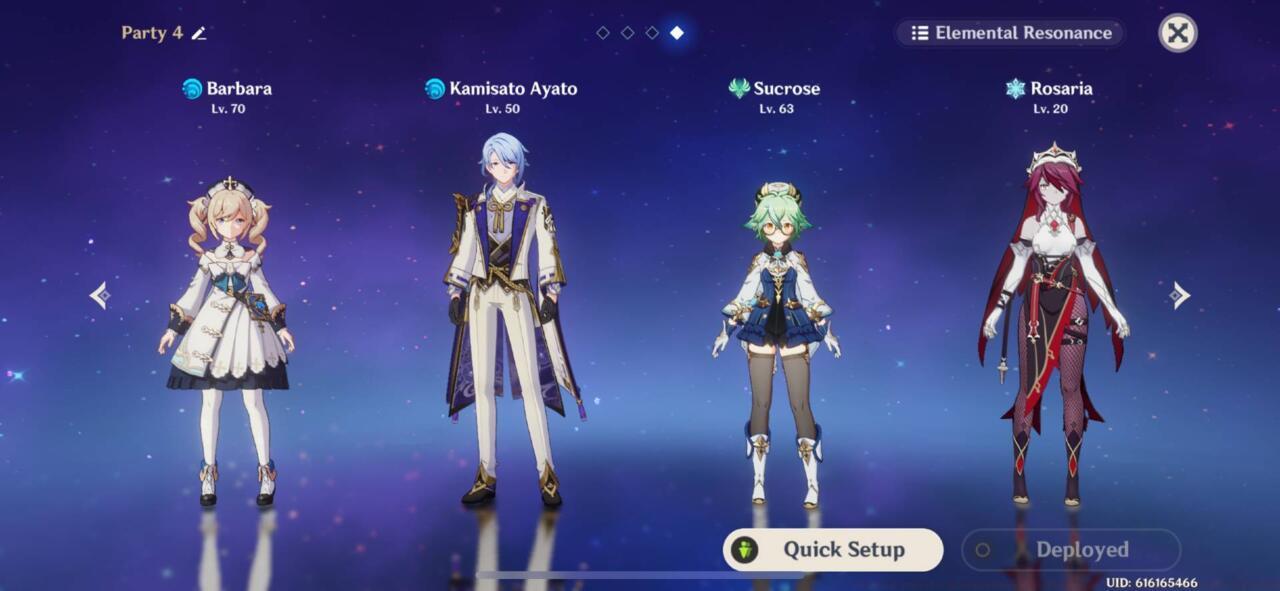 Ayato team comp with Barbara, Sucrose, and Rosaria