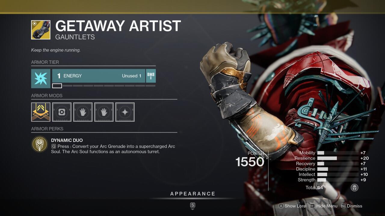 You can turn your Arc grenade into a souped-up Arc Soul with the Getaway Artist, creating a buddy to help you stay alive.