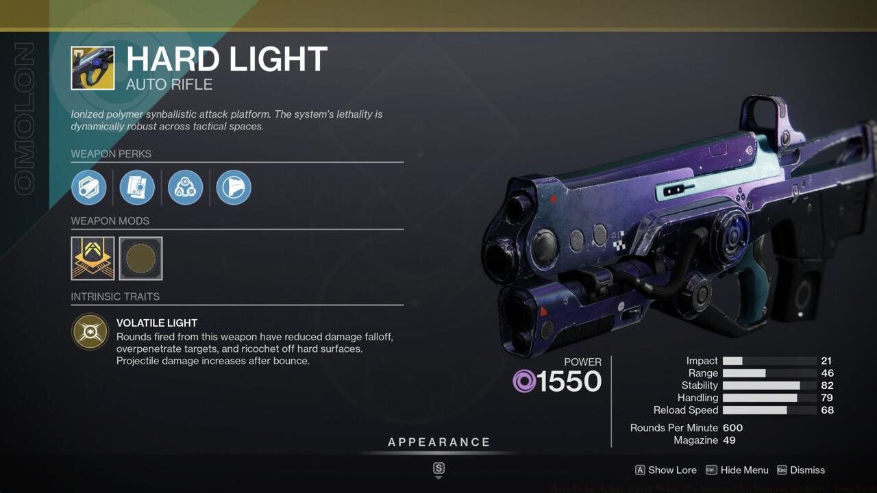 A reliable auto rifle, Hard Light is great for PvE content when you expect to face lots of different kinds of elemental shields.