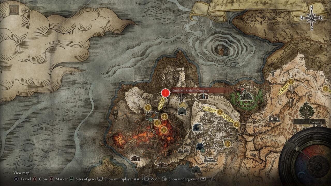 The Ninth Mt. Gelmir Campsite Site of Grace is the closest one to the Full-Grown Fallingstar Beast.