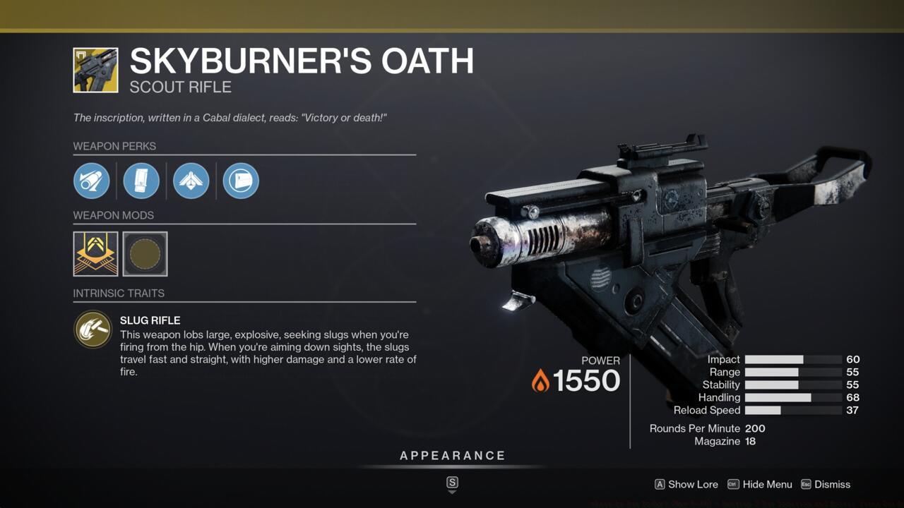 Two firing modes and the ability to punch through Cabal shields makes Skyburner's Oath pretty useful in a lot of cases, particularly in some PvE activities.