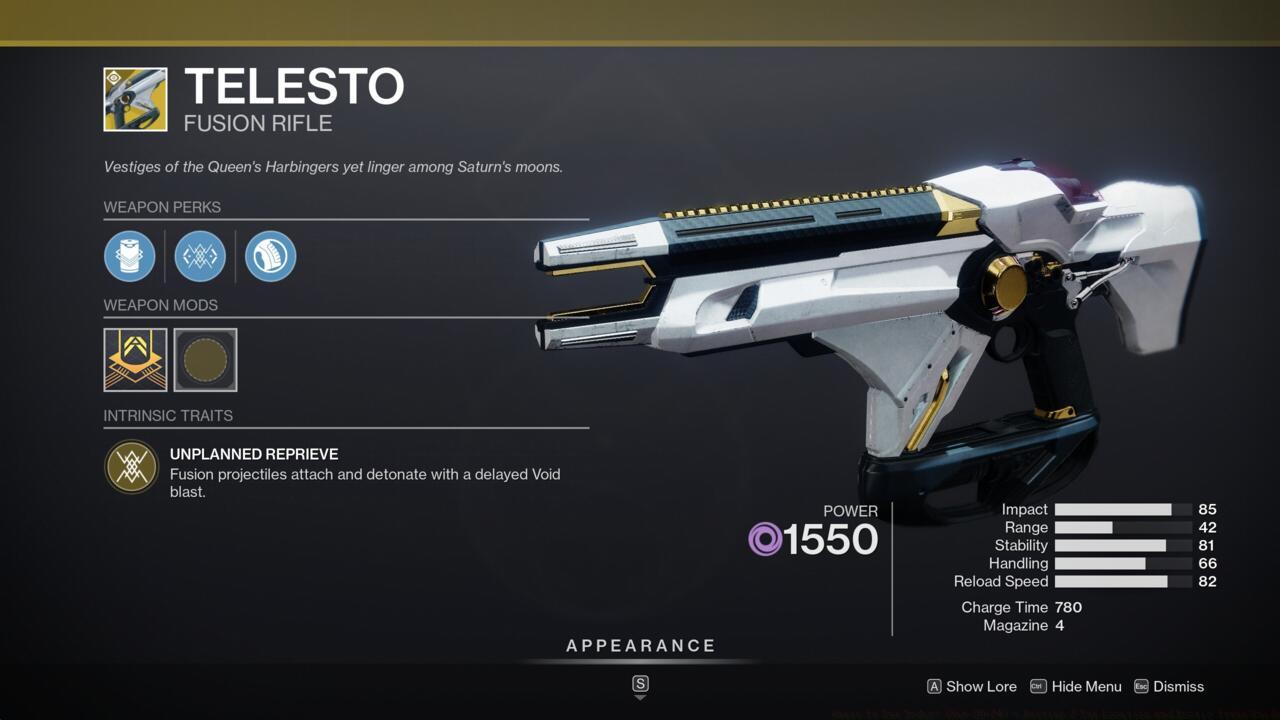 It might break the game constantly, but Telesto is still a great fusion rifle you can get a lot of use out of, especially in the Crucible.