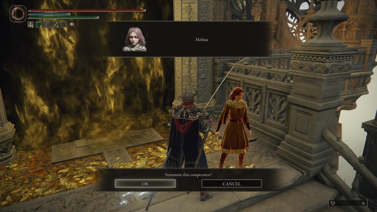 You'll find Melina's summon sign to your right, at the top of the staircase.