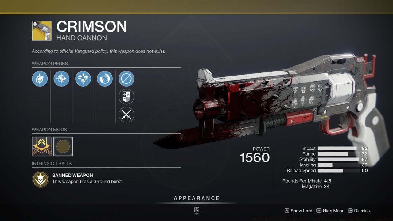 Crimson is a great Crucible go-to, thanks to its high damage, extra rounds, and healing capabilities.