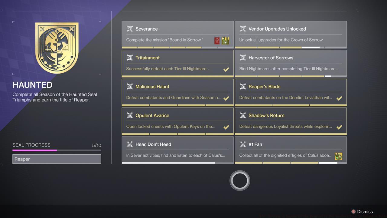 Season of the Haunted Reaper seal triumphs