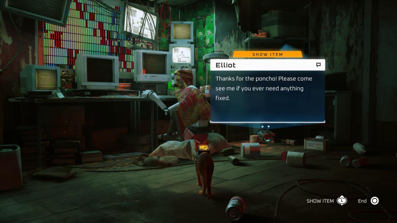 Give Elliot the Poncho and then speak with him to fix the Broken Tracker.