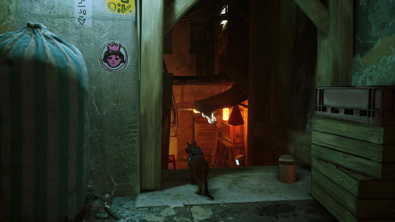 The third energy drink is above a robot watching television in the Slums.