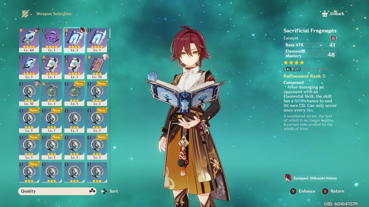 Heizou holding a Sacrificial Fragments catalyst