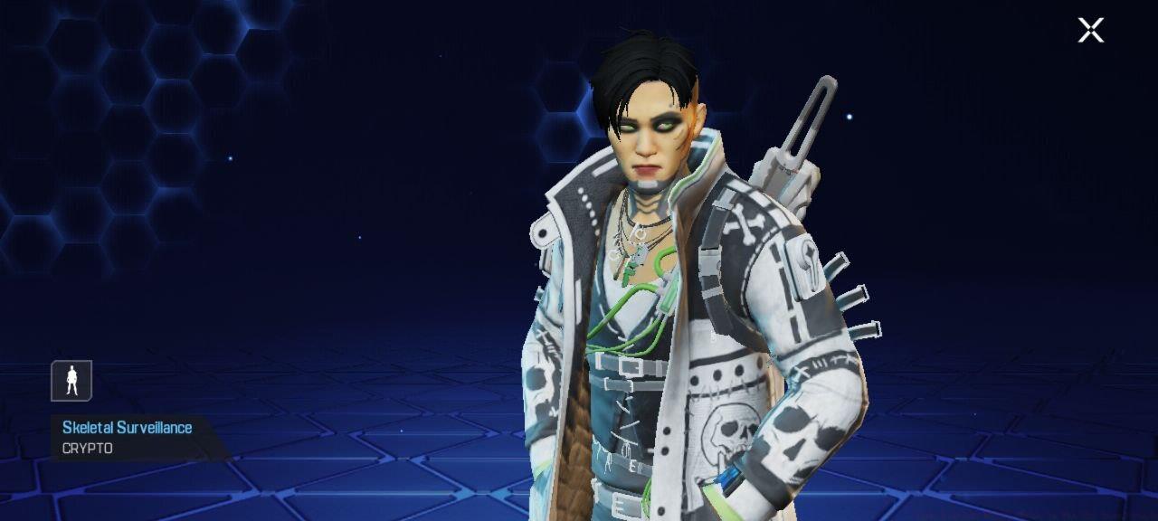 The Skeletal Surveillance skin features a spooky, skull-covered version of Crypto's signature jacket.