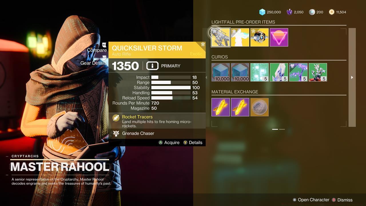 Pay a visit to Master Rahool to get the Quicksilver Storm Exotic.
