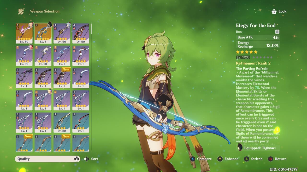 Collei holding the Elegy for the End five-star bow