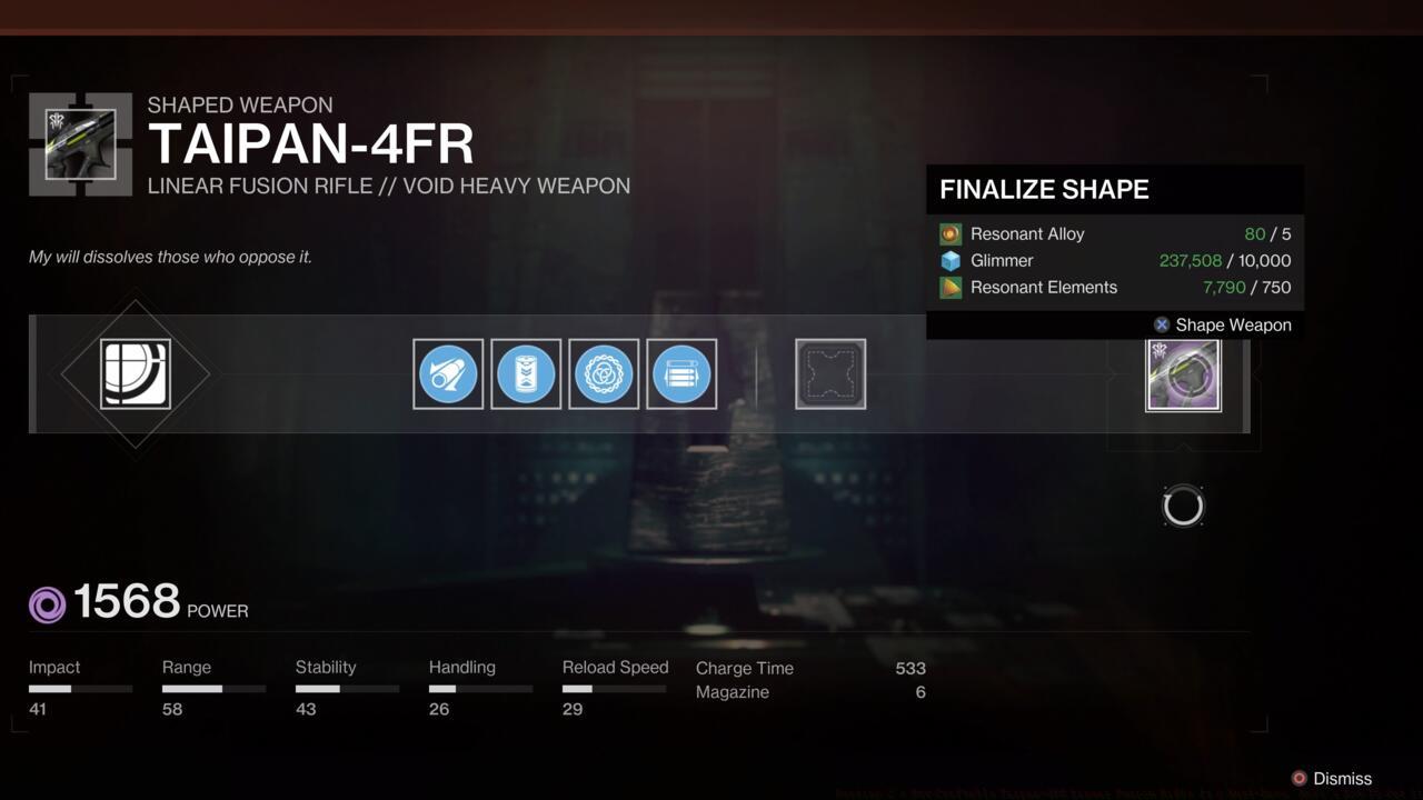 Taipan-4FR crafting screen at the Relic on Mars