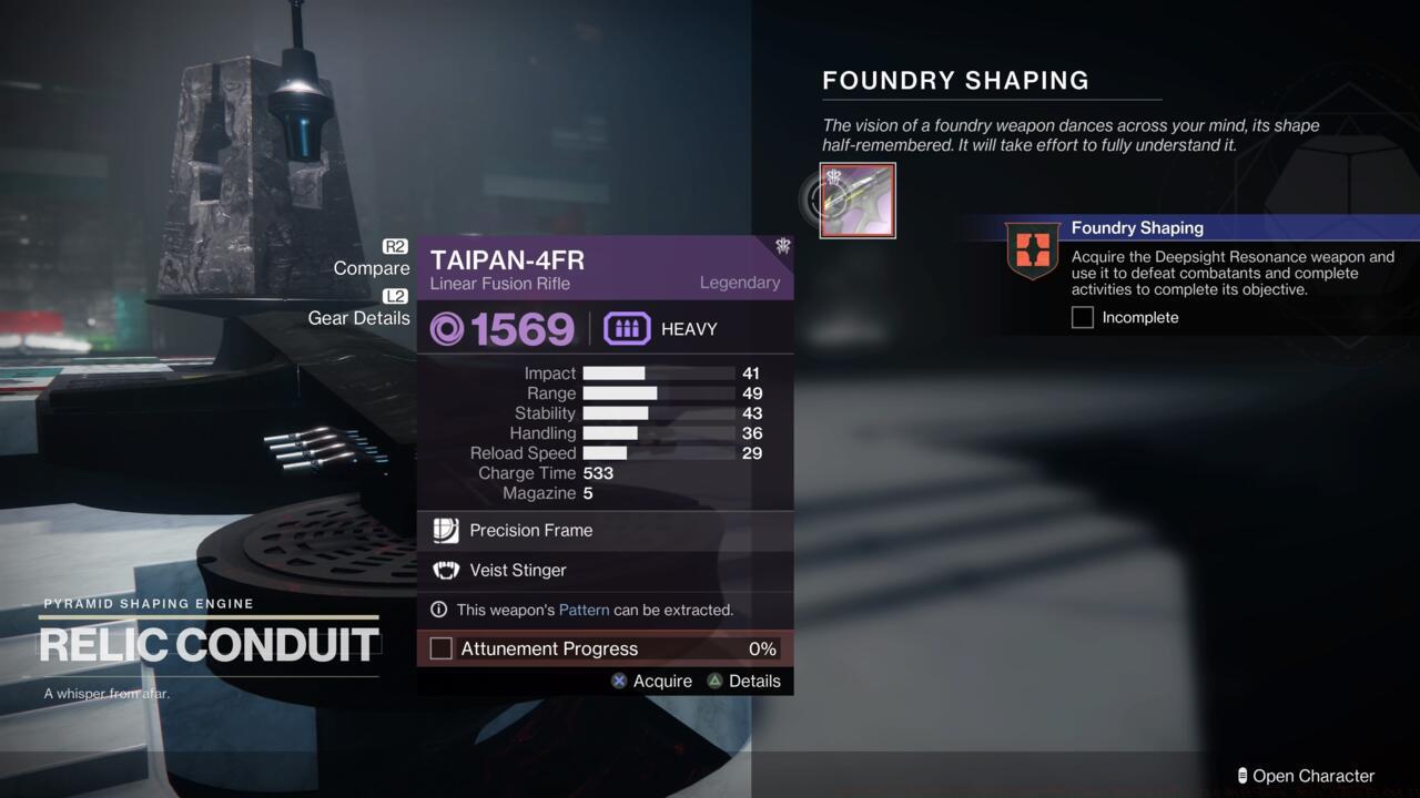 Getting the next Foundry Shaping quest and the Deepsight Taipan-4FR at the Relic Conduit