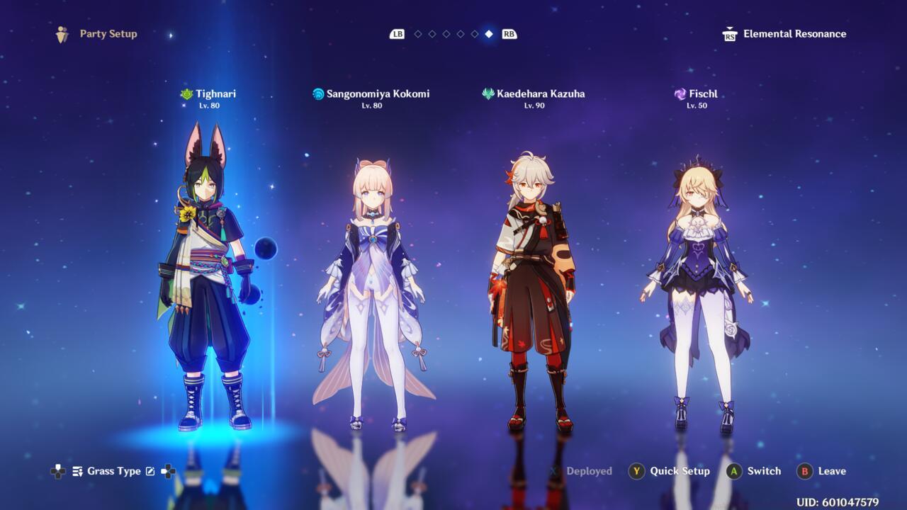 A sample team that focuses on Dendro, Hydro, and Electro reactions