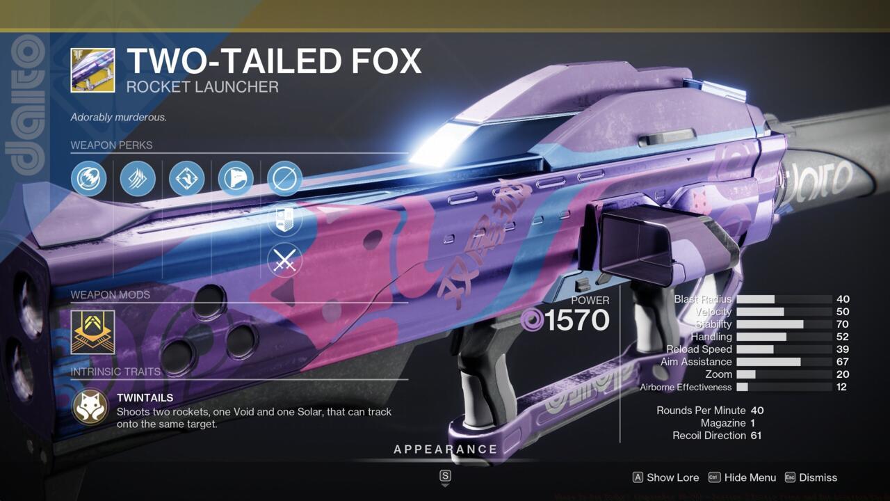 Two-Tailed Fox fires two rockets at a time, each of which has different effects on their target.