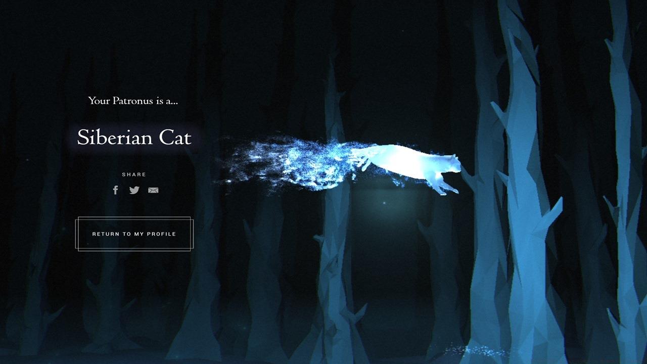 The Wizarding World site has a quiz that asks you several questions, eventually letting you know what type of Patronus best represents you. We got a cat (because cats are awesome).