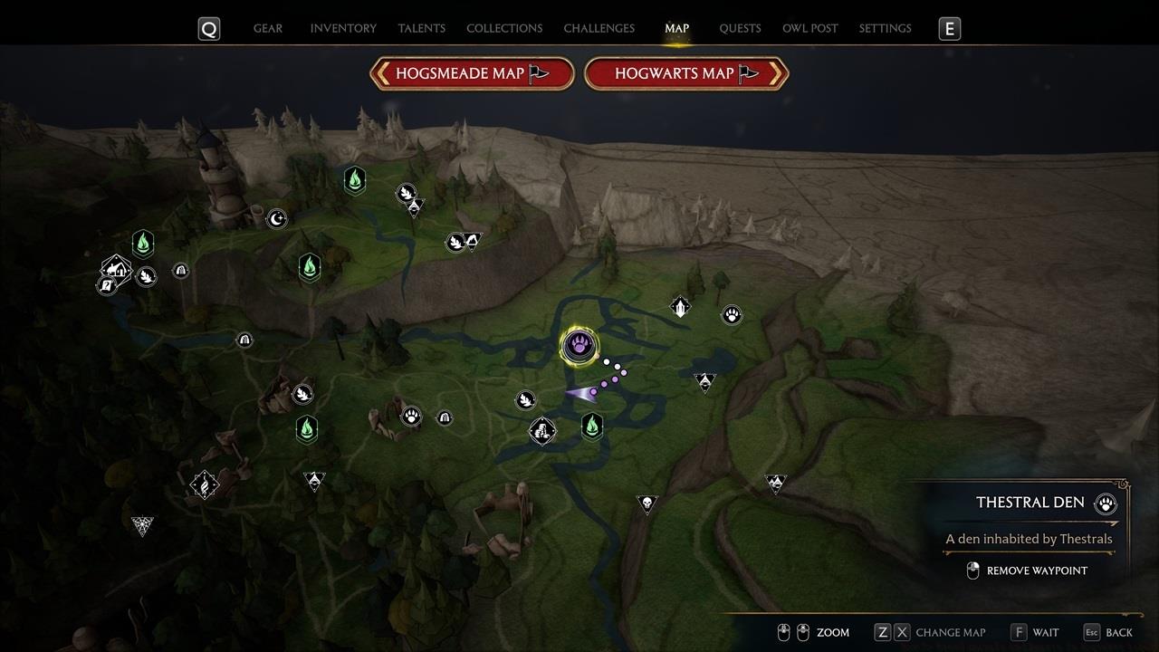 One particular Thestral den can be found in the northeastern part of the map.