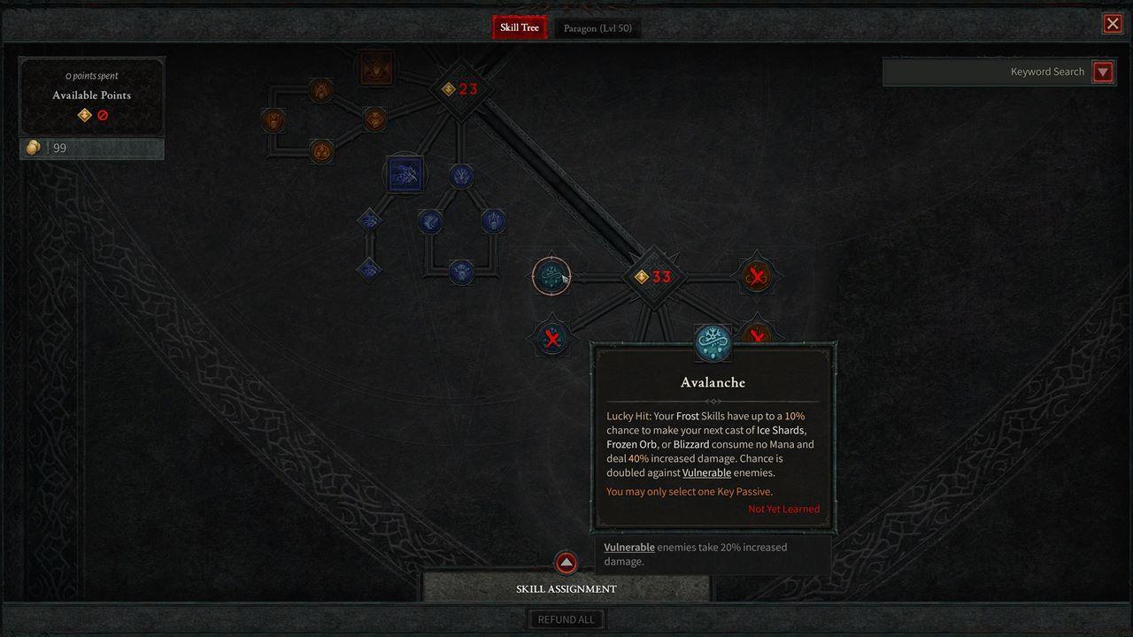 The Avalanche Key Passive is a Diablo 4 Sorcerer talent, and it definitely boosts your Frost spells.