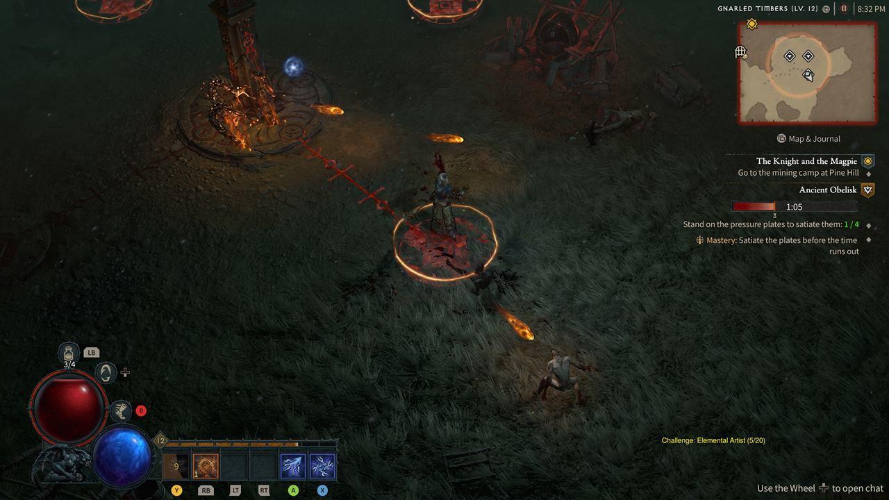 The Ancient Obelisk event requires you to stand in each blood circle until the line glyph to the obelisk is fully formed.